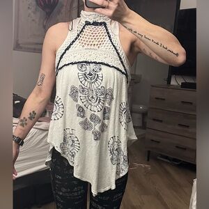 Women's Asymmetrical Sleeveless Crochet Top - Navy Blue and White